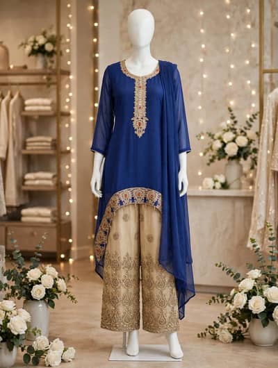 Girls Navy Blue Fancy Dress Gold Zari Embroidery Chiffon Shirt