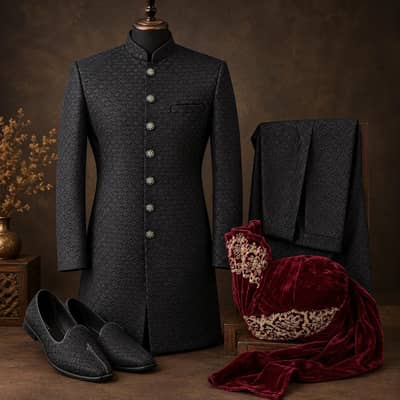 Sherwani For Groom In Black Colour with Full Accessories