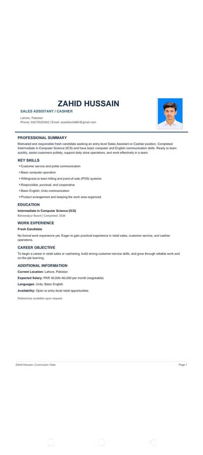 Fresh Candidate Looking for Full-Time Job in Lahore