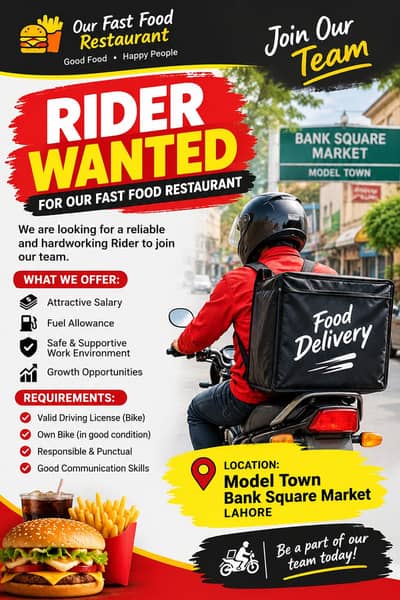 Rider Job Fast Food Resturant (Model Town Gulberg 2)