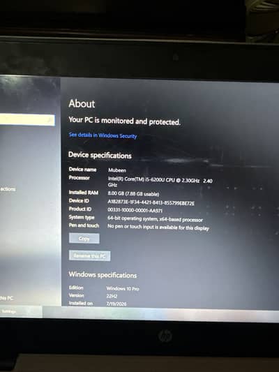 Hp 8GB ram 256 GB SSD
