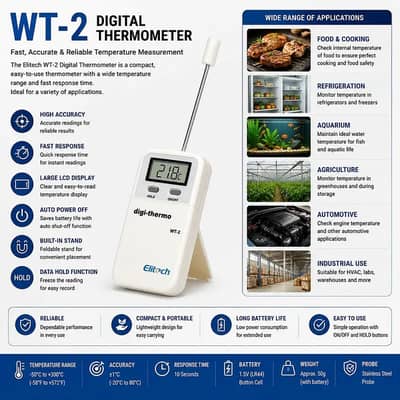 Elitech WT-2 Digital Thermometer Hygrometer with Metal Probe