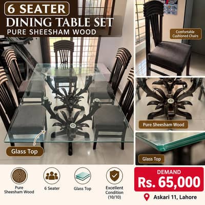 6 Seater Pure Sheesham Wood Dining Table with Glass Top & 6 Chairs