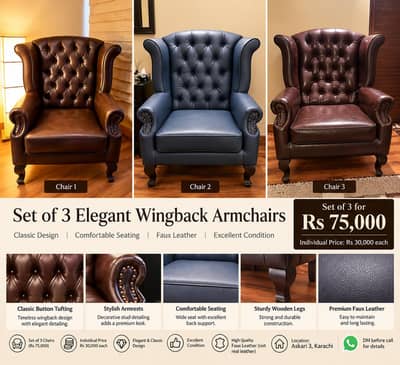 Set of 3 Elegant wingman Armachairs