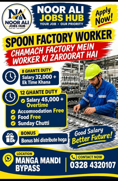 Job Title: Spoon Factory Workers Required – Manga Mandi Bypass, Lahore