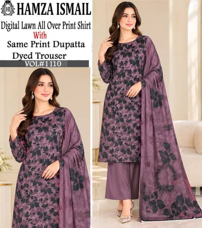 Hamza ismail pure lawn 3PC Vol1110 purple floral print with Sam Dupatt