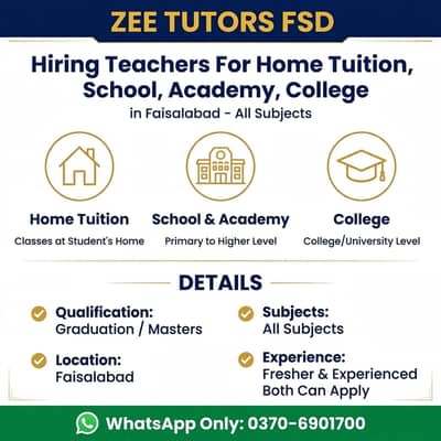 Need Male & Female TeachersFor Home Tuition, Academy & School