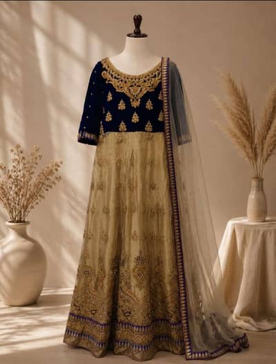 Royal Blue & Golden Embroidered Maxi with Dupatta – Medium