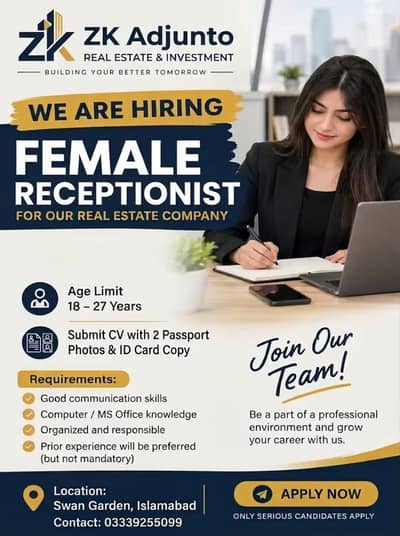 Female Receptionist Required for Real estate company