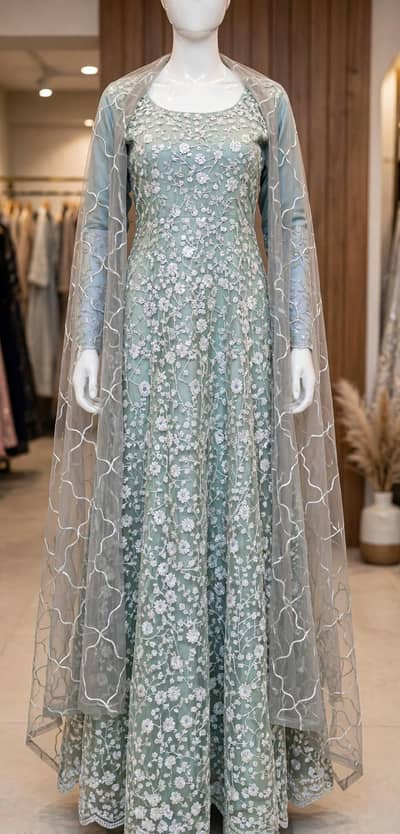 Light Green Embroidered Long Maxi with Dupatta - New 10/10