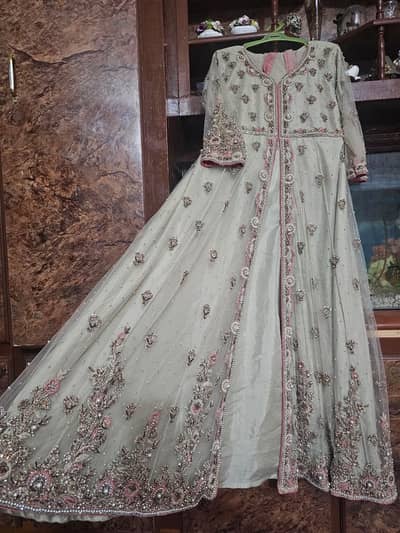 Fancy Bridal Maxi for Sale | Sage Green Wedding Dress with Pink & Gol