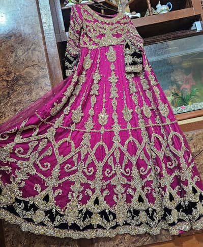 Heavy Bridal Maxi for Sale | Magenta Wedding Dress with Golden Embroi