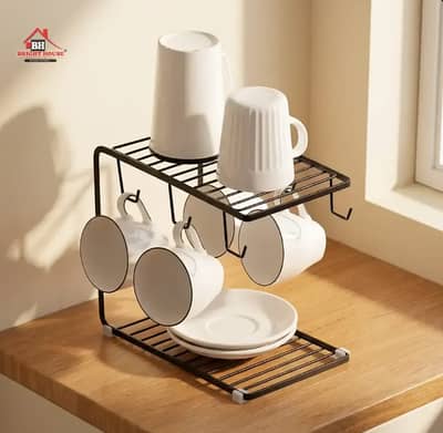 Premium Black Metal Mug Stand Holder & Saucer Storage Rack
