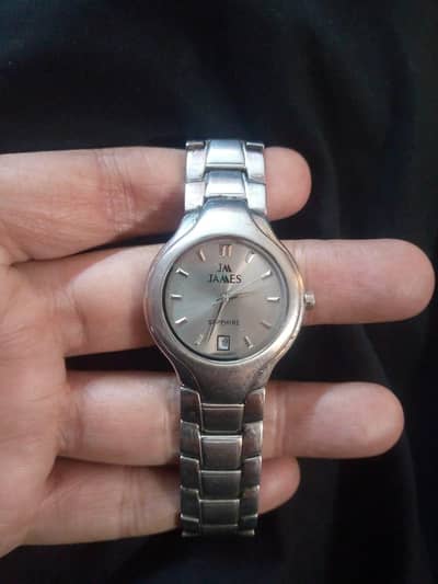Vintage JM James Sapphire Glass Quartz Stainless Steel Watch
