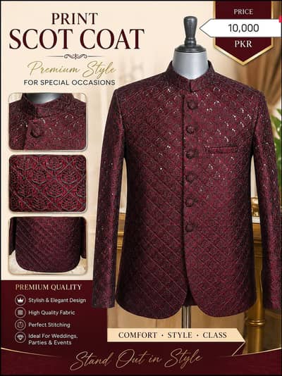 Premium Maroon Printed Prince Coat for Men