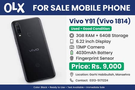 Vivo Y91 Black 3GB 64GB - Good Condition - Garhi Habibullah - 9000