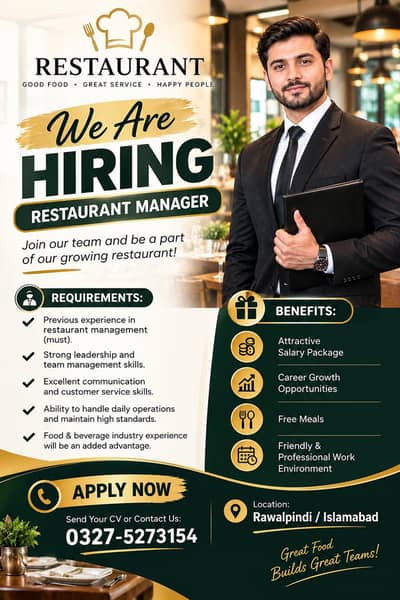 we need restaurant manager experience plz whatsApp your cv 03275273154
