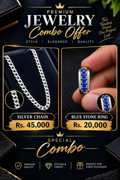 Premium Silver Chain & Blue Stone Ring Combo