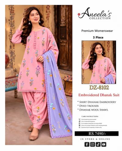 Dhanak Embroidered 3 Piece Winter Drees With Heavy Embroidered 8101