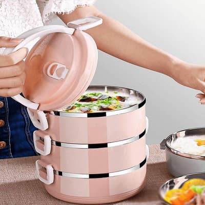 3 Layer Stainless Steel Hot Tiffin Lunch Box - Keeps Food Hot