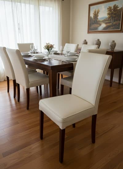 Elegant 6-Seater Wooden Dining Set with White Leather Chairs