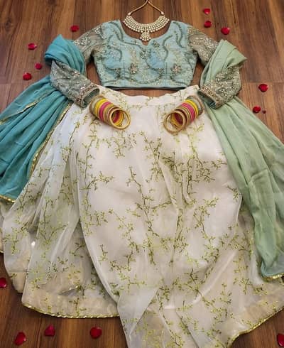 Elegant White & Green Embroidered Maxi Dress With Dupatta -