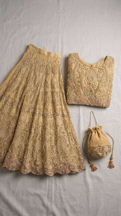 Golden Bridal Lehenga with Embroidered Blouse ,Dubatta & potli bag