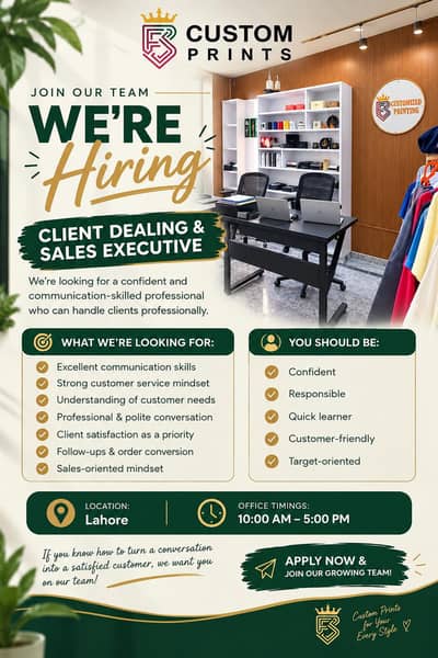 Client Dealing & Sales Executive Required – Lahore