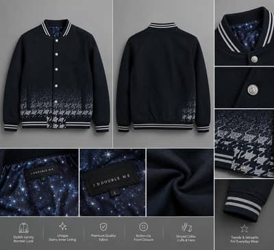Idoomee Navy Varsity Bomber Jacket – Galaxy Lining, Houndstooth Design