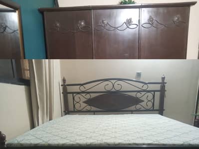 King Size Iron Rod Bed with 3 Doors Wooden Cupboard