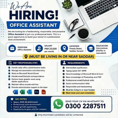 Office Assistant (Male) – Saddar, Karachi | PKR 25,000