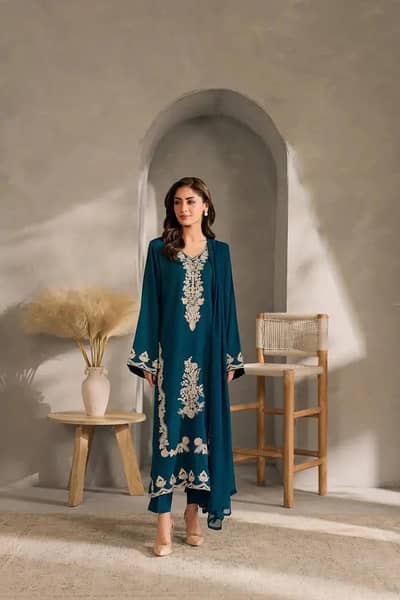 Embroidered Linen 3-Piece Suit | Teal | Stitched | Winter Collection