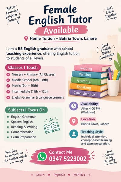 Female English Tutor Available for Home Tuition in Bahria Town Lahore