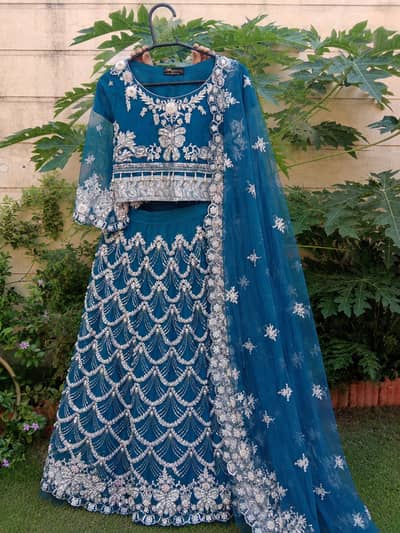 Beautiful Teal Blue Embroidered Lehenga with Blouse & Dupatta