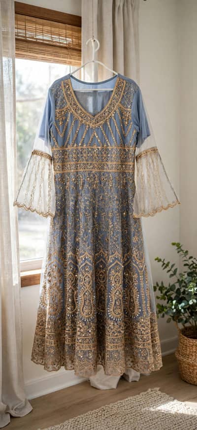 GREY GOLD HEAVY EMBROIDERED MAXI BRAND NEW BELL SLEEVES