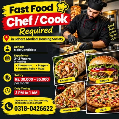 Fast Food Chef / Cook Required – Lahore