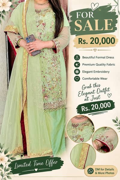 Mint Green Embroidered Formal Dress with Dupatta | Fancy Wedding & Par