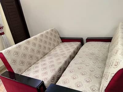 Sofa Cum Bed (2) Maroon & Black Wooden Frame, Cream Fabric