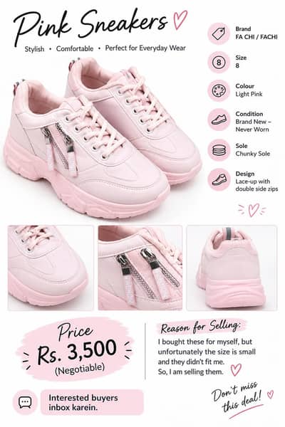 Pink Stylish Ladies Sneakers – Size 8 – Brand New, Unworn