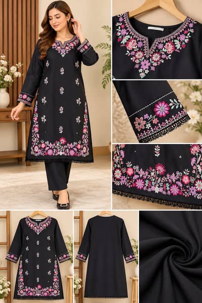 Women’s Black Embroidered Winter Dhanak Kurti – Medium Size