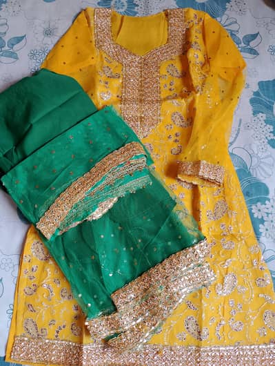 Traditional Yellow & Green 3-Piece Fancy Dress for Mehndi / Mayun