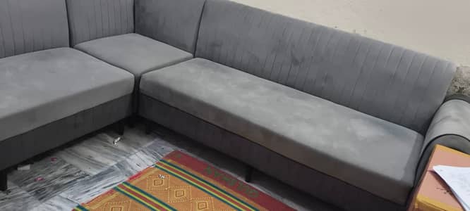 Modern L-Shape Sofa Set - Grey Velvet | Excellent Condition