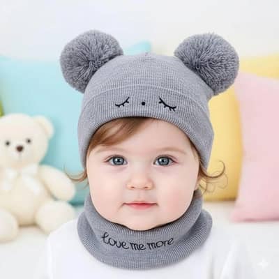 Baby Winter Hat & Neck Warmer Set – Cute Pom Pom Knitted Cap