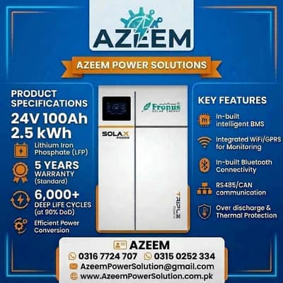 Solax Fronus-24 Volt 100Ah 2.5kwh Lithium battery 6000 + life Cycle.