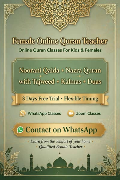 female online Quran teacher for kids & females 3 days free trial