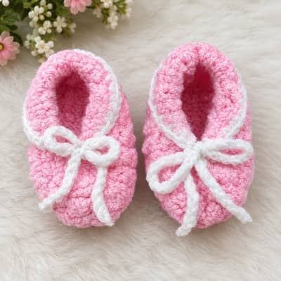 pink crochet baby shose booties with white bows soft new born baby