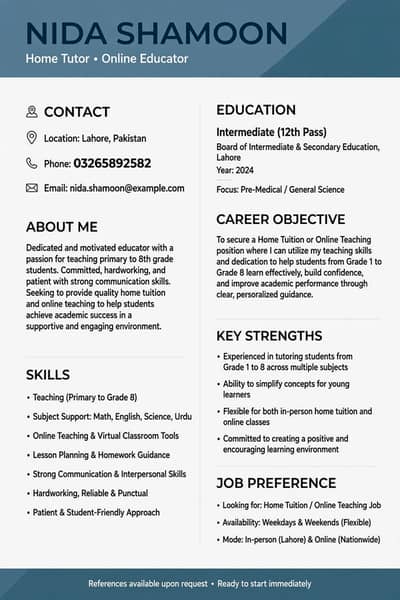 Home tuiter available-class 1 to 8 lahore-online also
