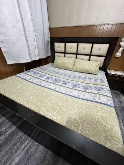 Modern Wooden Double Bed with Cushioned Headboard