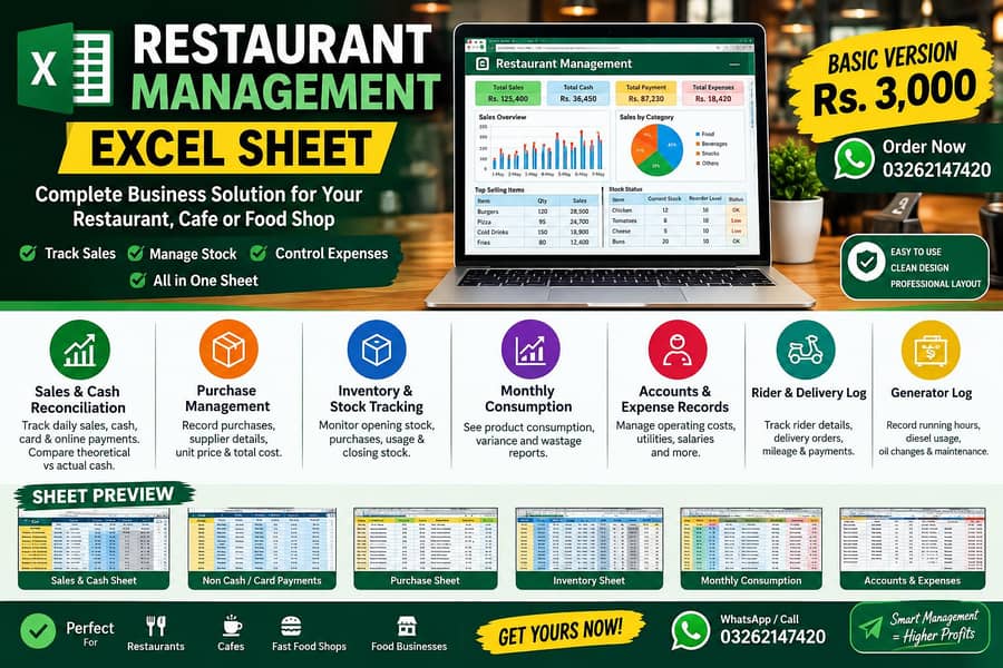 Restaurant Management Excel Sheet | Sales & Inventory Control - Other ...