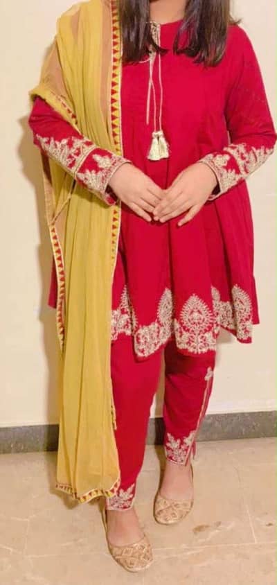 Red Embroidered 3-Piece Suit with Mustard Dupatta
